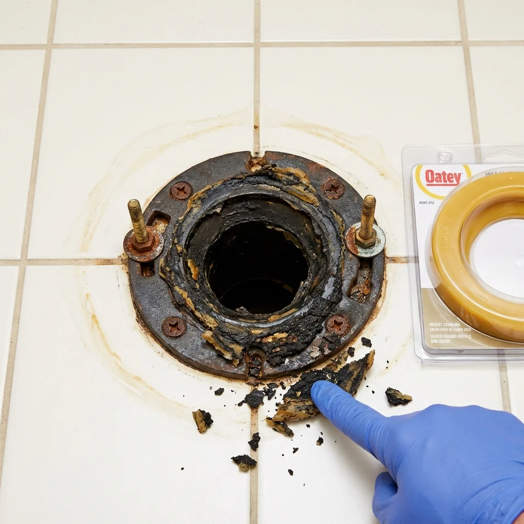 Failed wax ring showing water seepage at the base of a toilet in a Richland, MS home
