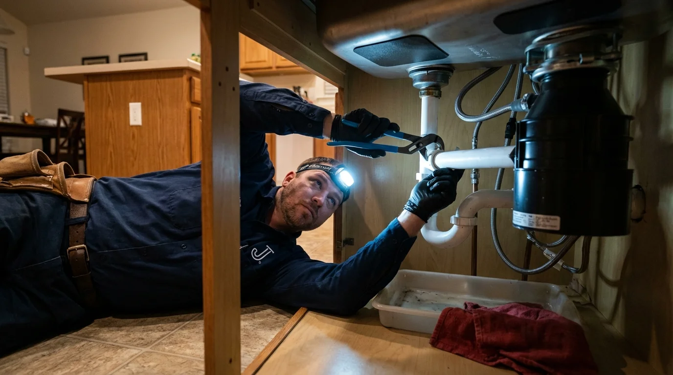 P-trap and supply line connections under a kitchen sink showing a common leak point in Richland, MS